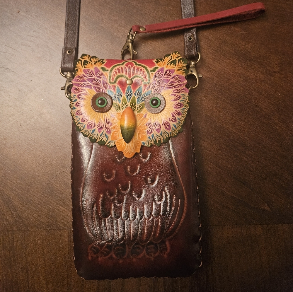 Owl Embossed Leather Crossbody Bag